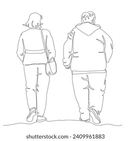 Couple walking away. Man overweight. Continuous line drawing. Black and white vector illustration in line art style.