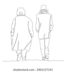 Couple walking away. Overweight woman and slim man. Wearing warm clothes, coat, jacket, big scarf around neck. Rear view. Continuous line drawing. Vector image in line art style.