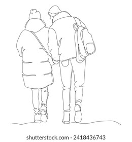 Couple walking away. Wear winter warm clothes. Continuous line drawing. Hand drawn black and white vector illustration in line art style.