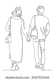 Couple walking away. Woman in long dress and man in glasses. Back view. Continuous line drawing. Black and white vector in line art style. 