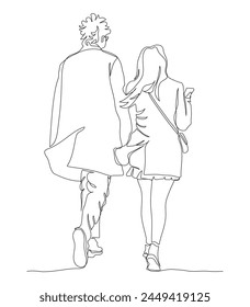 Couple walking away. Woman using phone man in glasses. Rear view. Continuous line drawing. Black and white vector illustration in line art style.