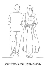 Couple walking away. Woman wear long dress with fluffy skirt and cutout on the back. Back view. Continuous line drawing. Vector in line art style.