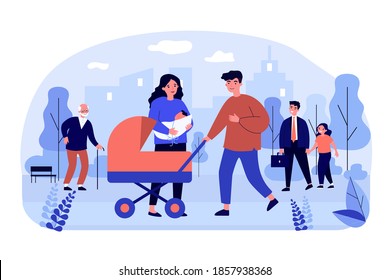 Couple walking with baby outside. Mom holding kid, dad wheeling stroller flat vector illustration. Parenthood, family, new parents concept for banner, website design or landing web page