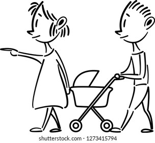 Couple walking with baby in stroller. Boy with Stroller and Kid (in stroller).