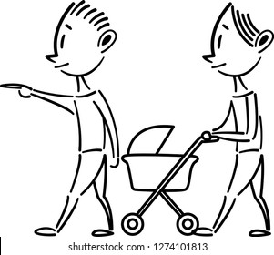 Couple walking with baby in stroller. Boy with Stroller and Kid (in stroller). Lgbt couple.