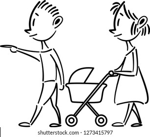 Couple walking with baby in stroller. Girl with Stroller and Kid (in stroller).
