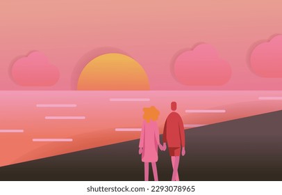 A couple walking in the beach while sunrise at evening 