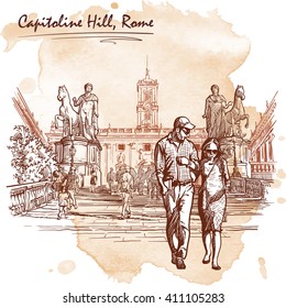 Couple walking by Renaissance staircase leading to Capitoline Hill. Sketch imitating ink pen drawing with a grunge background on a separate layer. EPS10 vector illustration.