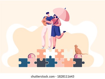 Couple walking with cat holding it. Man and woman strolling under rain or sunshine with umbrella. Ginger cat looks at happy pet owners. People with kitten together outdoor vector illustration