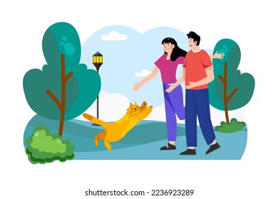 Couple walking with cat in park Illustration concept. A flat illustration isolated on white background