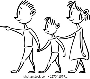 Couple walking with child. Father, mother, and son.