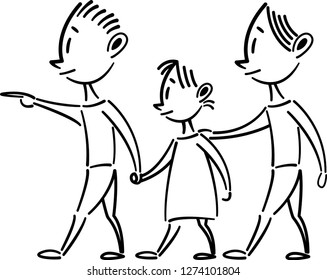 Couple walking with child. Fathers and daughter. Lgbt couple.