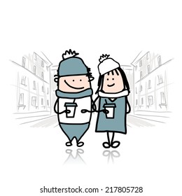 Couple walking in city with coffee cups