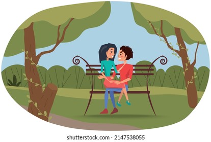 Couple walking in city park and sitting on bench. Happy girl and guy on date. People in love hugging on street on background of green trees summer day. Family romantic weekend, outdoor recreation