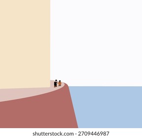 Paar zu Fuß bis zu Kurve Gebäude, um Punkt Leuchtturm auf blauem Meer. Reisen Flitterwochen Sommerurlaub.