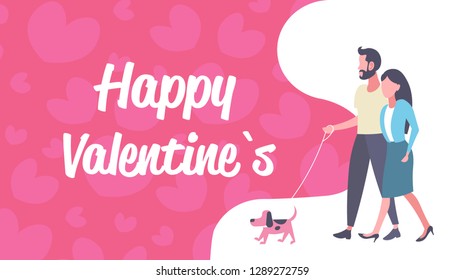 couple walking with cute dog man woman happy valentines day concept lovers strolling over heart shapes flat horizontal greeting card