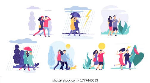 Couple Walking Different Weather. Girl Boy Walk, Seasonal Rain Thunderstorm Cloudy Sun. People Outdoors Spring Winter Summer Vector Concept