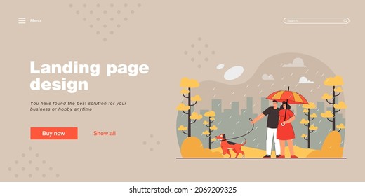 Couple walking with dog in bad, rainy weather. Man and woman standing under umbrella in park flat vector illustration. City and buildings in background. Raining, downpour, cloudy day concept