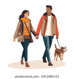 Couple walking dog, cheerful young man and woman stroll with pet. Leisure time activity, dog owners outdoors, autumn fashion vector illustration.