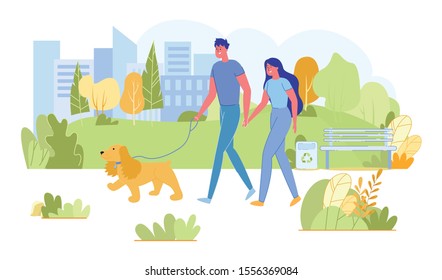 Couple Walking with Dog in City Park, Leisure.