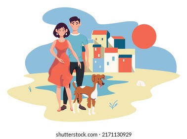 The couple are walking the dog. Colorful detailed illustration with a young couple. Love story of one pair.