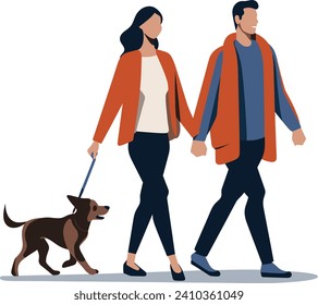 Couple walking with dog, man and woman casual attire, leisure activity. Outdoor walk with pet, healthy lifestyle, relationship concept vector illustration.