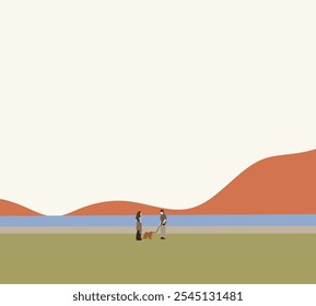 Couple walking with dog in nature mountain landscape. Active lifestyle, outdoor leisure activity. Minimal art.