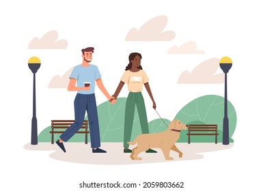 Pareja caminando con perro corredizo. Fecha inusual, naturaleza, parque. Familia caminando con su mascota, descansa. Pasando tiempo juntos, al aire libre, verano. Dibujo vectorial plano de dibujos animados aislado en fondo blanco