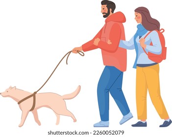 Couple walking with dog on leash. Happy man and woman outdoor isolated on white background