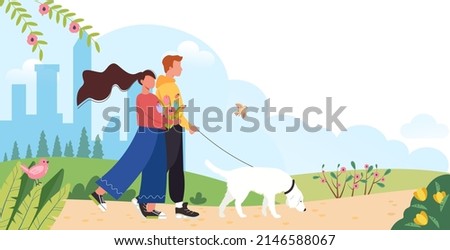 Couple walking with dog on spring or summer landscape vector illustration in flat style. Hello spring or summer template. Cartoon characters with dog on walk. Happy family walking over blooming trees. Stock photo © 