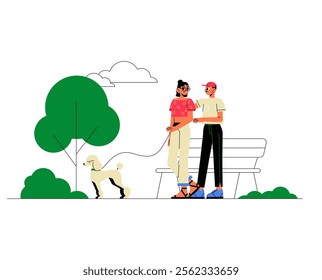 Couple Walking A Dog In Park In Flat Vector Illustration Symbolizing Friendship, Relaxation, And Outdoor Leisure, Isolated On White Background.