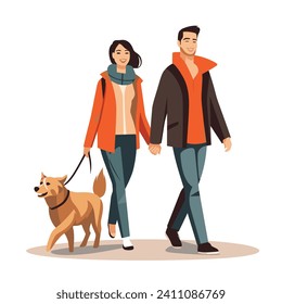 Couple walking dog, young man and woman holding hands with happy expressions. Casual outdoor stroll with pet vector illustration.