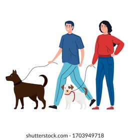 couple walking with dogs isolated icon vector illustration design