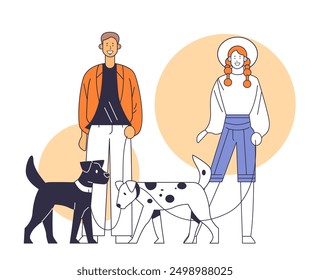 Pareja de perros caminando hombre en chaqueta naranja mujer en sombrero con trenzas dos perros en correas estilo minimalista círculos amarillos de fondo