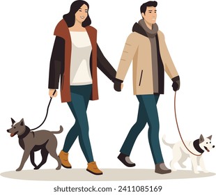 Couple walking with dogs on leashes, happy man and woman in winter clothes. Pet owners with a Siberian Husky and a Terrier vector illustration.