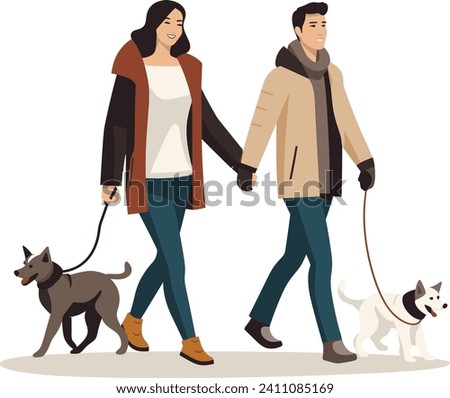 Couple walking with dogs on leashes, happy man and woman in winter clothes. Pet owners with a Siberian Husky and a Terrier vector illustration.