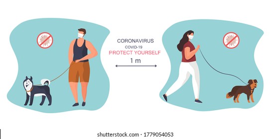 Couple Walking with Dogs in Park during Quarantine in Medical Mask. Social Distance.
Dog Walking Rules during Covid 19.
Playing with Pet Outdoors.
Quarantine Activity. Flat Vector Illustration