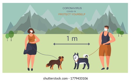 Couple Walking with Dogs in Park during Quarantine in Medical Mask. Social Distance.
Dog Walking Rules during Covid 19.
Playing with Pet Outdoors.
Quarantine Activity. Flat Vector Illustration