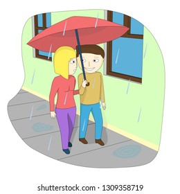 A couple walking down the street in the rain. A loving couple under an umbrella in the rain.