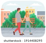 Couple walking down the street. Young guy and girl holding hands, walking in summer day in city park, romantic walk. Nice stroll on a date, active lifestyle. Cartoon illustration man and woman