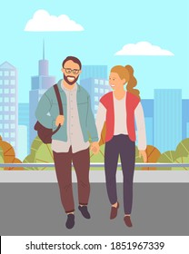 Couple walking down the street. Young bearded guy in glasses and girl holding hands walking in summer day in city park, romantic walk. Pleasant promenade in the open air on a date, active lifestyle