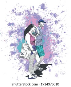 couple walking, dressed in summer clothes : pink top, blue tshirt, purple  and green shorts - woman is carrying a fancy shopping bag and a cigarette, man is wearing a blue cap in grunge background