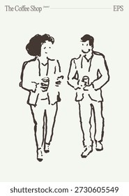 Couple Walking and Drinking Coffee Together Sketch