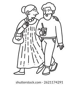A couple walking with drinks. A woman in a dress and with beads, a man with a beard. Isolated vector illustration in a cartoon style.