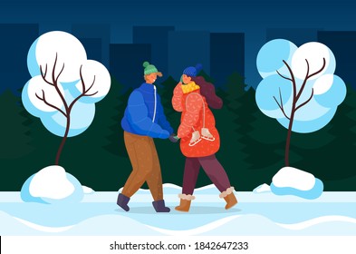 Couple walking in evening park winter. Man and woman holding hands. Cold weather in town, cityscape with skyscrapers and buildings. Romantic pair in love spending time together, vector in flat