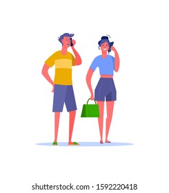 Couple walking in flip flops and talking by phone. Couple, friends, gadget, relax flat vector illustration. Leisure activity and free time concept for banner, website design or landing web page