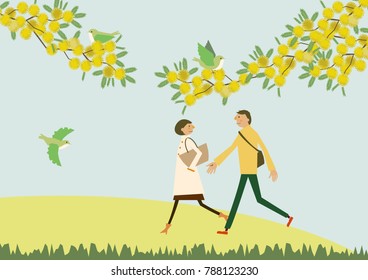 A couple walking with the flowers of Mimosa. Illustration of the season.
Image of spring.