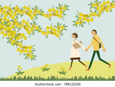 A couple walking with the flowers of Mimosa. Illustration of the season.
Image of spring.