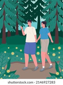 pareja caminando por el bosque