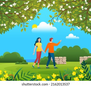 Couple walking in forest or park. Young guy and girl holding hands walking in summer garden. Lovers man and woman on date, romantic walk outdoor. Happy promenade in open air, active lifestyle